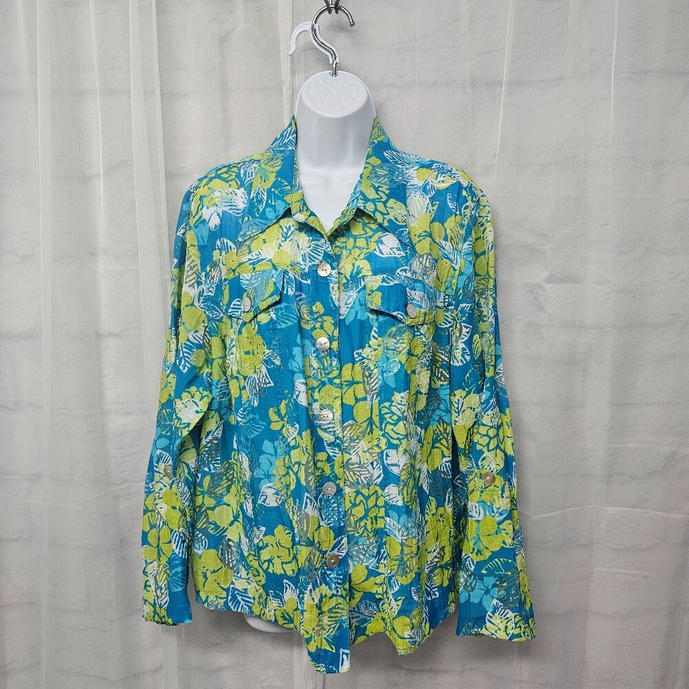 Ruby Rd Blue Green Tropical Button Down Shirt Roll Tab Burnout L